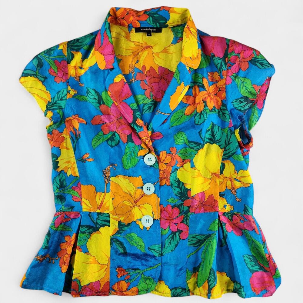 Vintage Nanette Lepore Silk Blouse Women's 10 Tropical Floral Print Made in USA